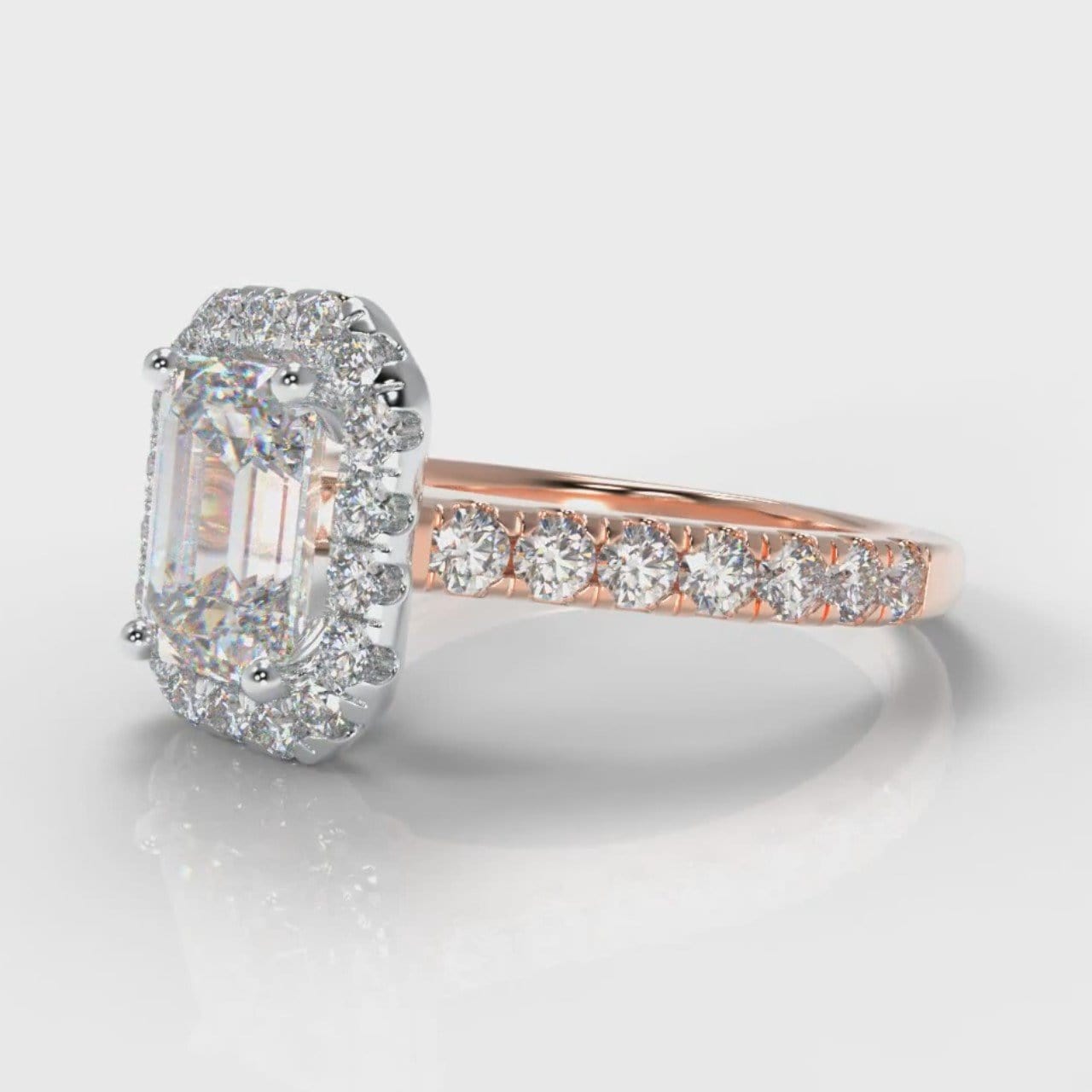Micropavé Emerald Cut Diamond Halo Engagement Ring - Two Tone Rose Gold