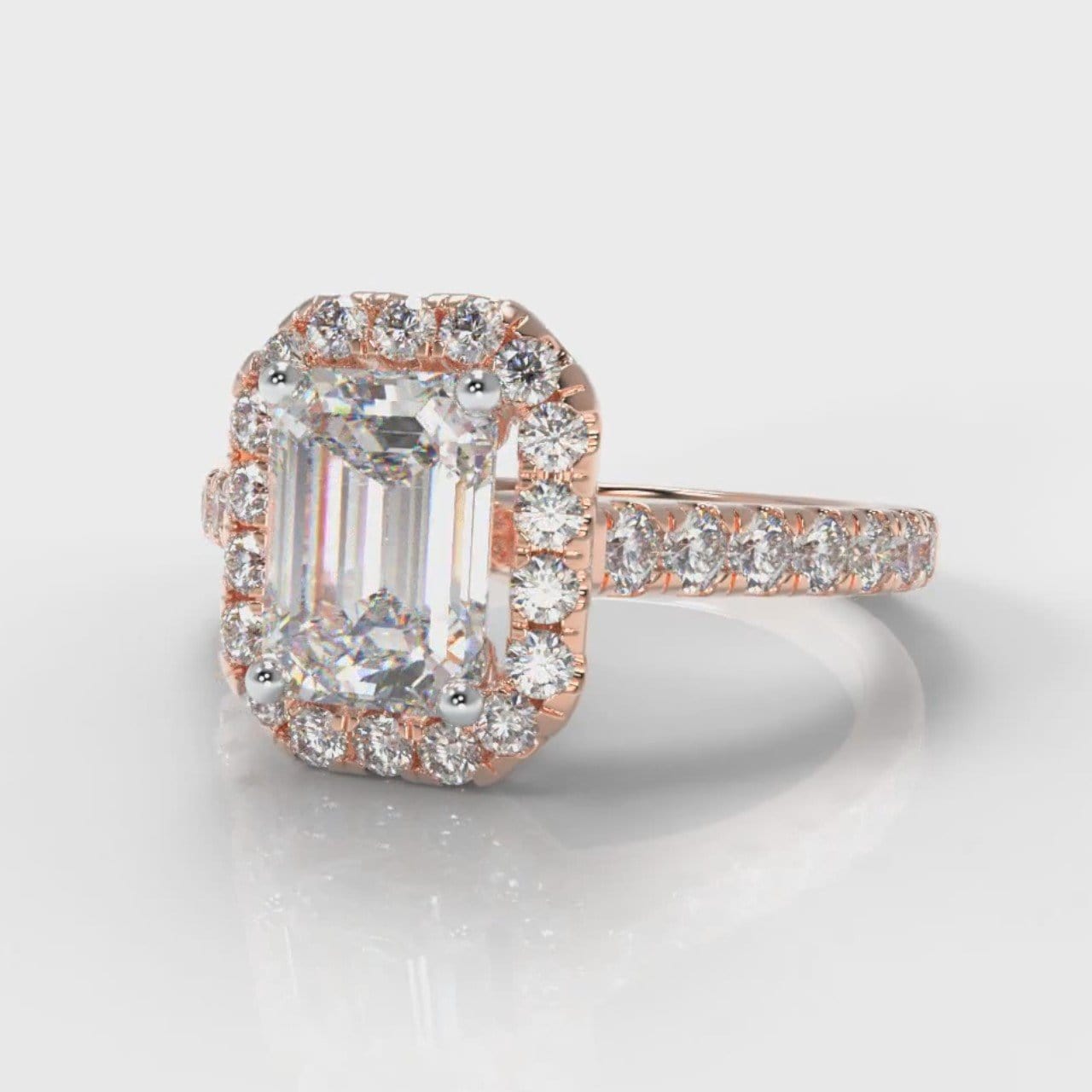 Micropavé Emerald Cut Diamond Halo Engagement Ring - Rose Gold