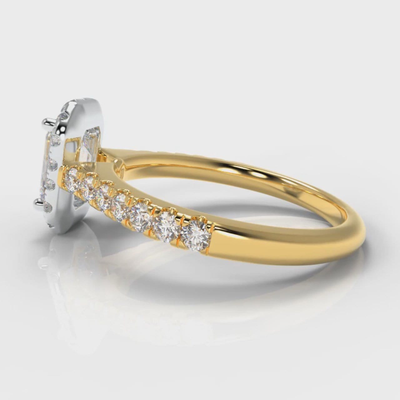 Micropavé Emerald Cut Diamond Halo Engagement Ring - Two Tone Yellow Gold
