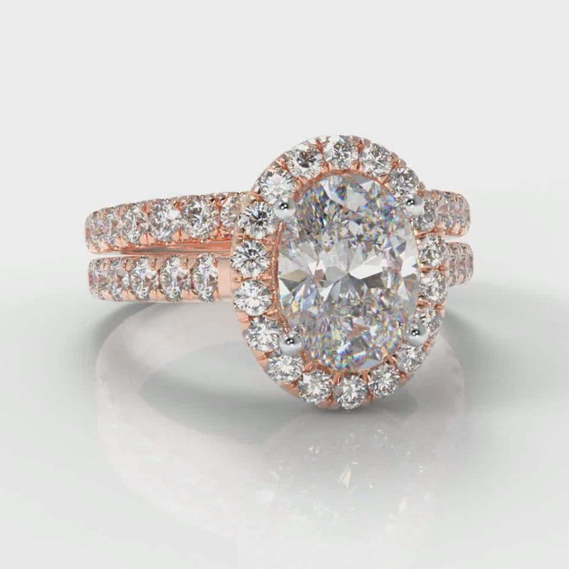 Micropavé Oval Diamond Halo Bridal Set - Rose Gold