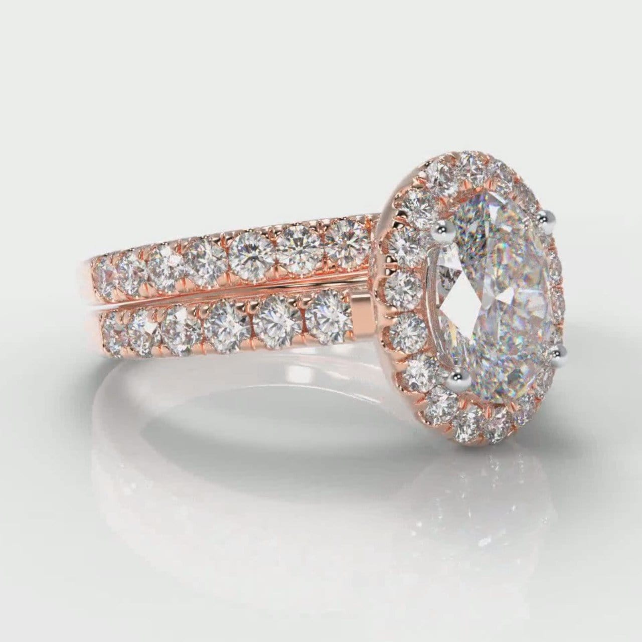 Micropavé Oval Diamond Halo Bridal Set - Rose Gold