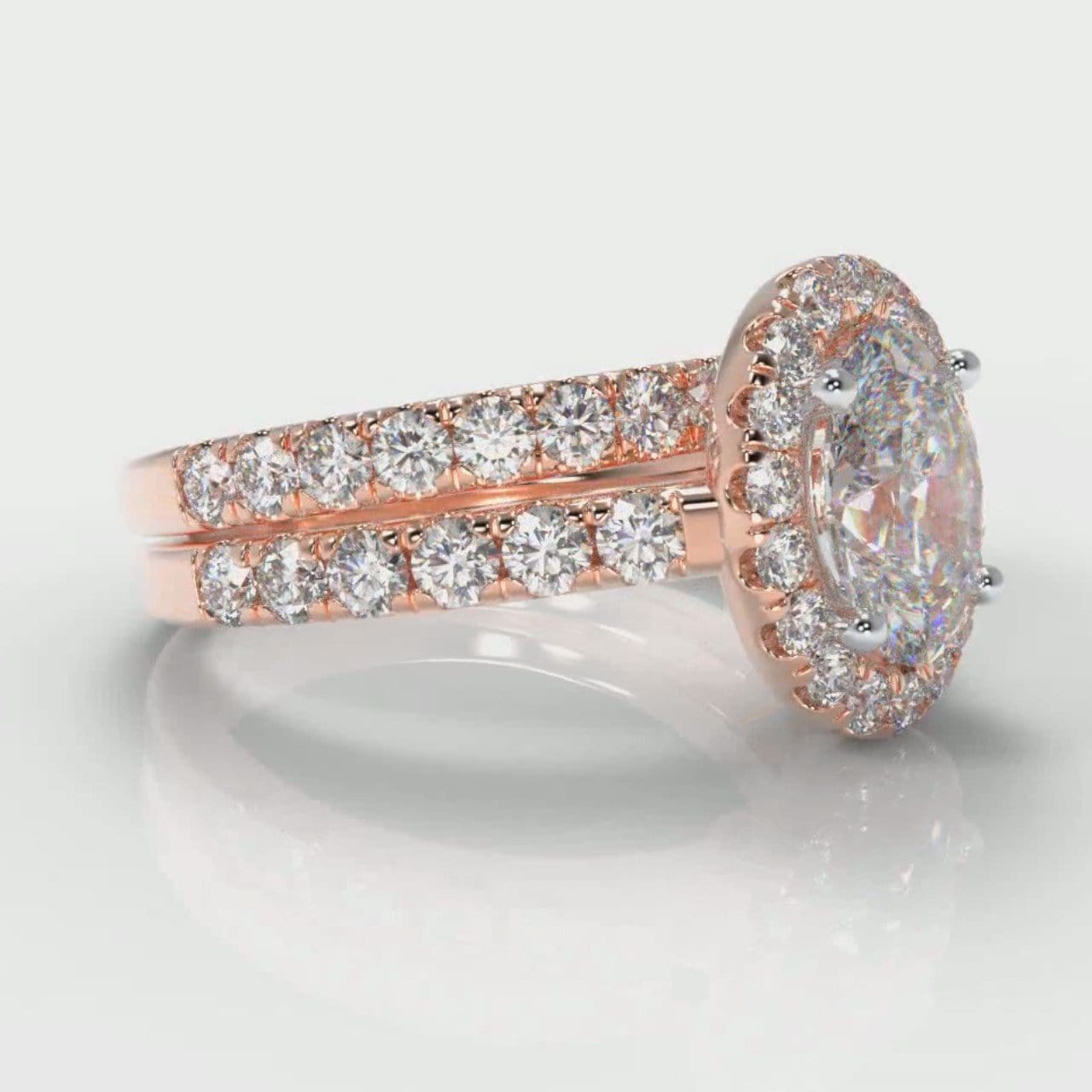 Micropavé Oval Diamond Halo Bridal Set - Rose Gold
