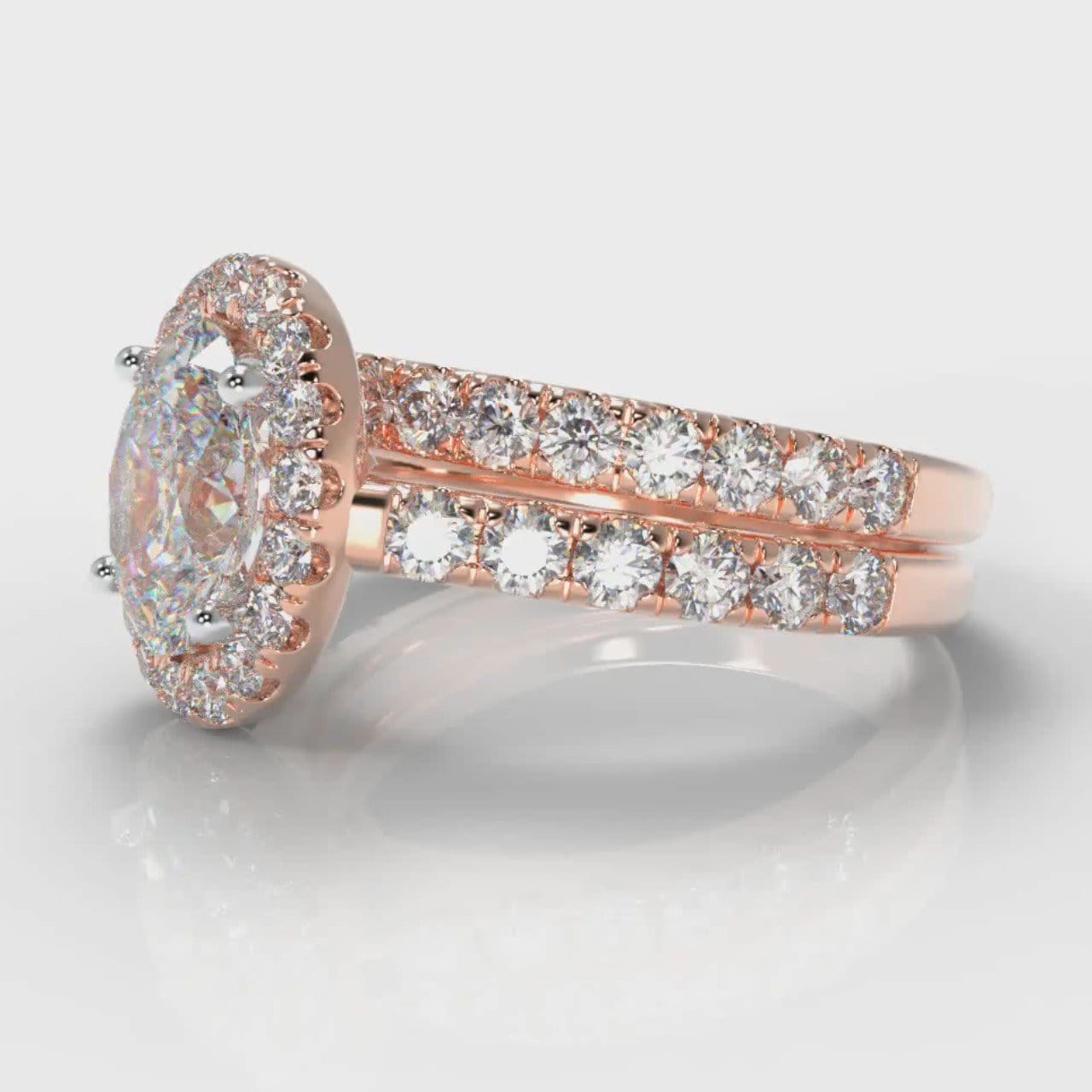 Micropavé Oval Diamond Halo Bridal Set - Rose Gold