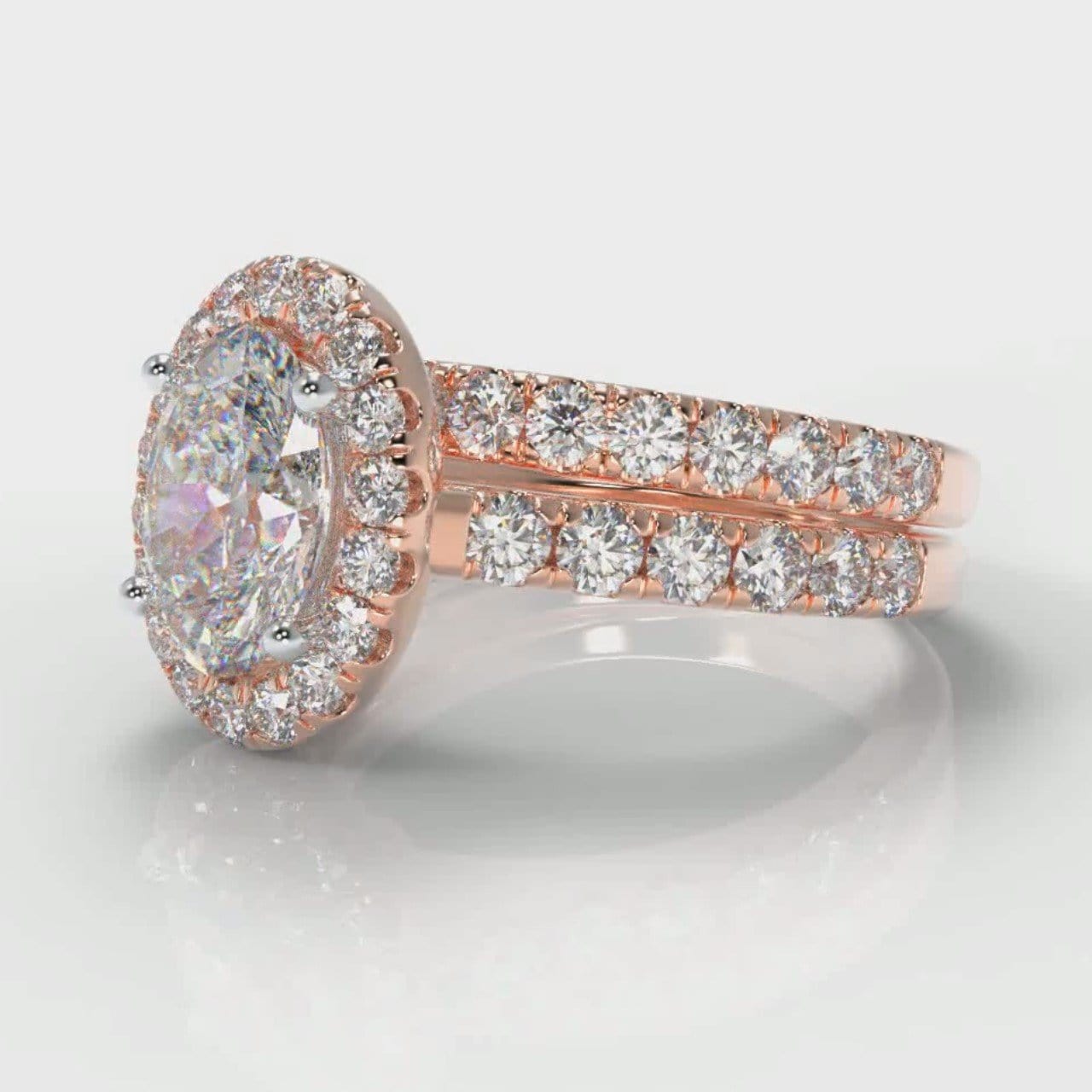 Micropavé Oval Diamond Halo Bridal Set - Rose Gold