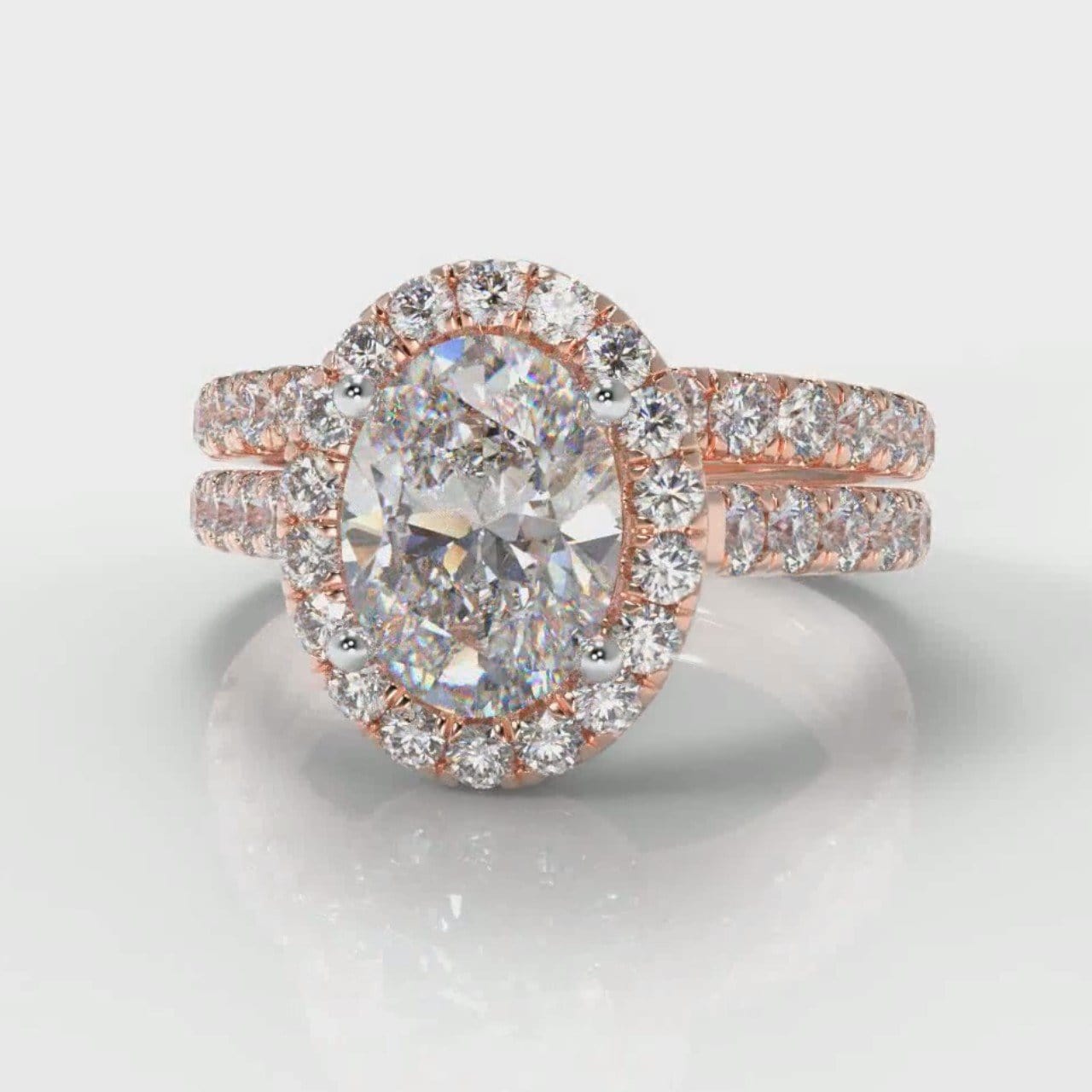 Micropavé Oval Diamond Halo Bridal Set - Rose Gold