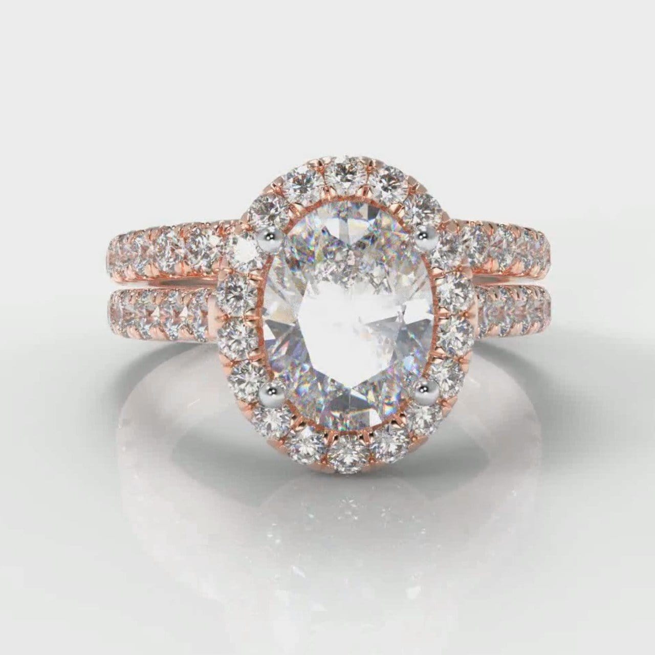 Micropavé Oval Diamond Halo Bridal Set - Rose Gold