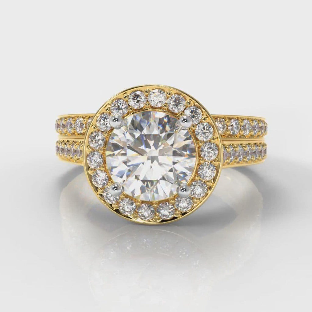 Pavé Round Brilliant Diamond Halo Bridal Set - Yellow Gold
