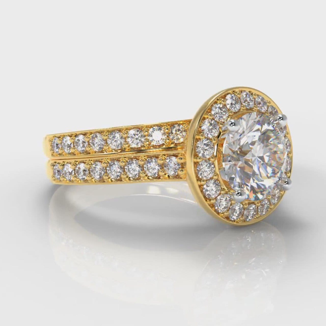 Pavé Round Brilliant Diamond Halo Bridal Set - Yellow Gold