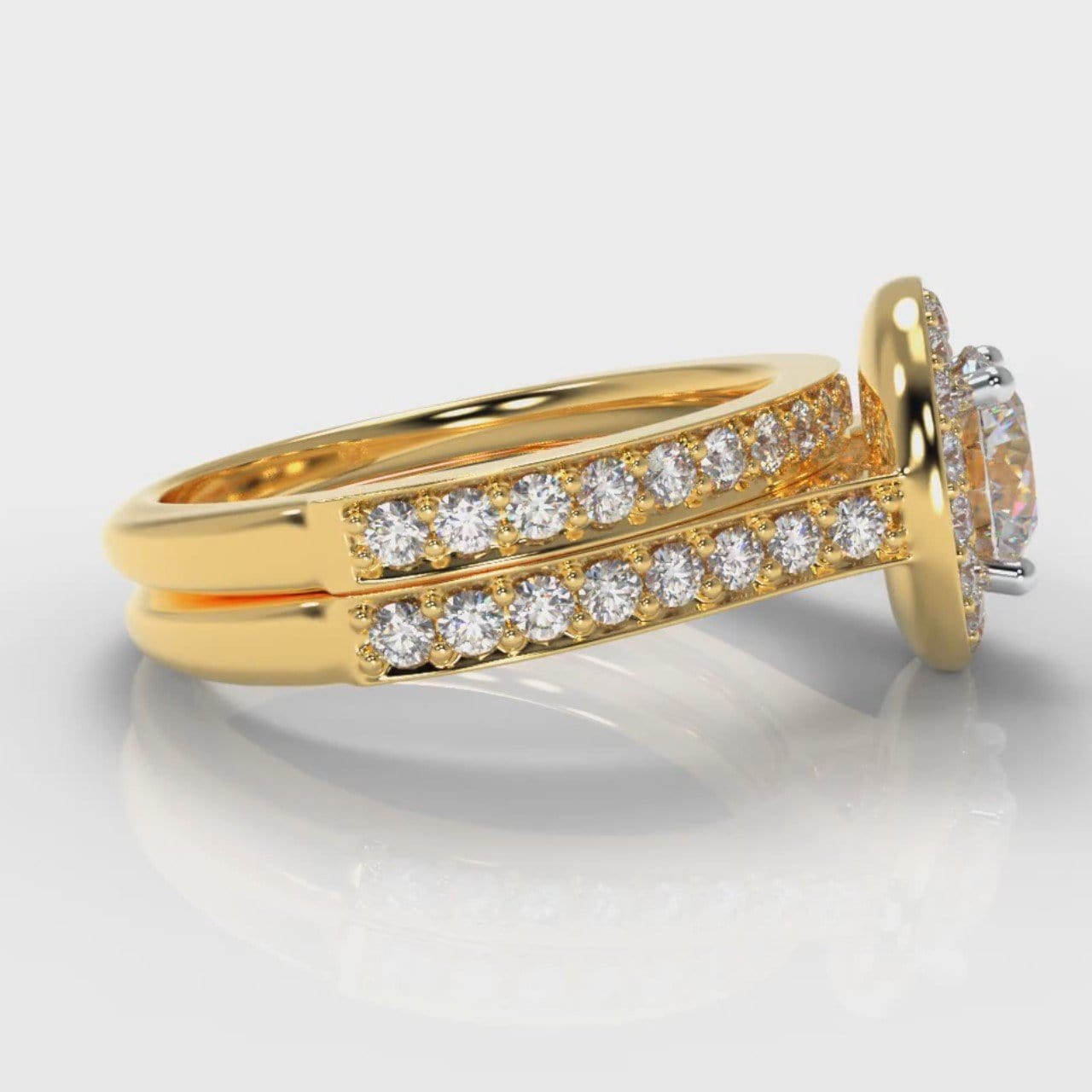Pavé Round Brilliant Diamond Halo Bridal Set - Yellow Gold