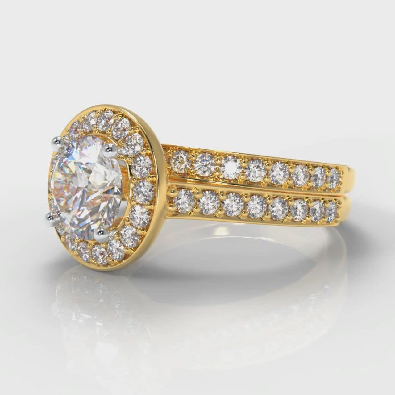 Pavé Round Brilliant Diamond Halo Bridal Set - Yellow Gold