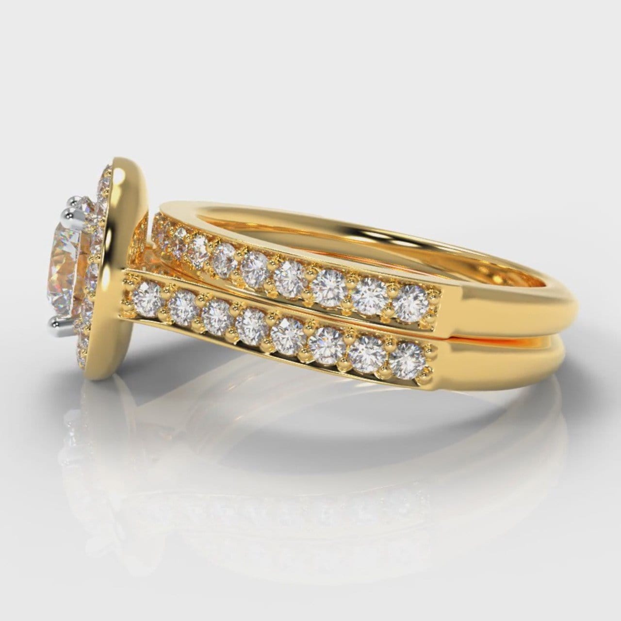 Pavé Round Brilliant Diamond Halo Bridal Set - Yellow Gold