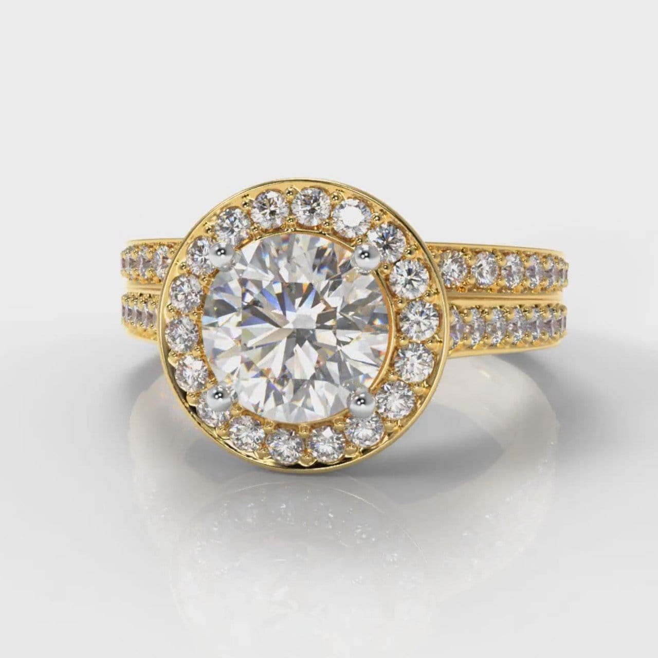 Pavé Round Brilliant Diamond Halo Bridal Set - Yellow Gold