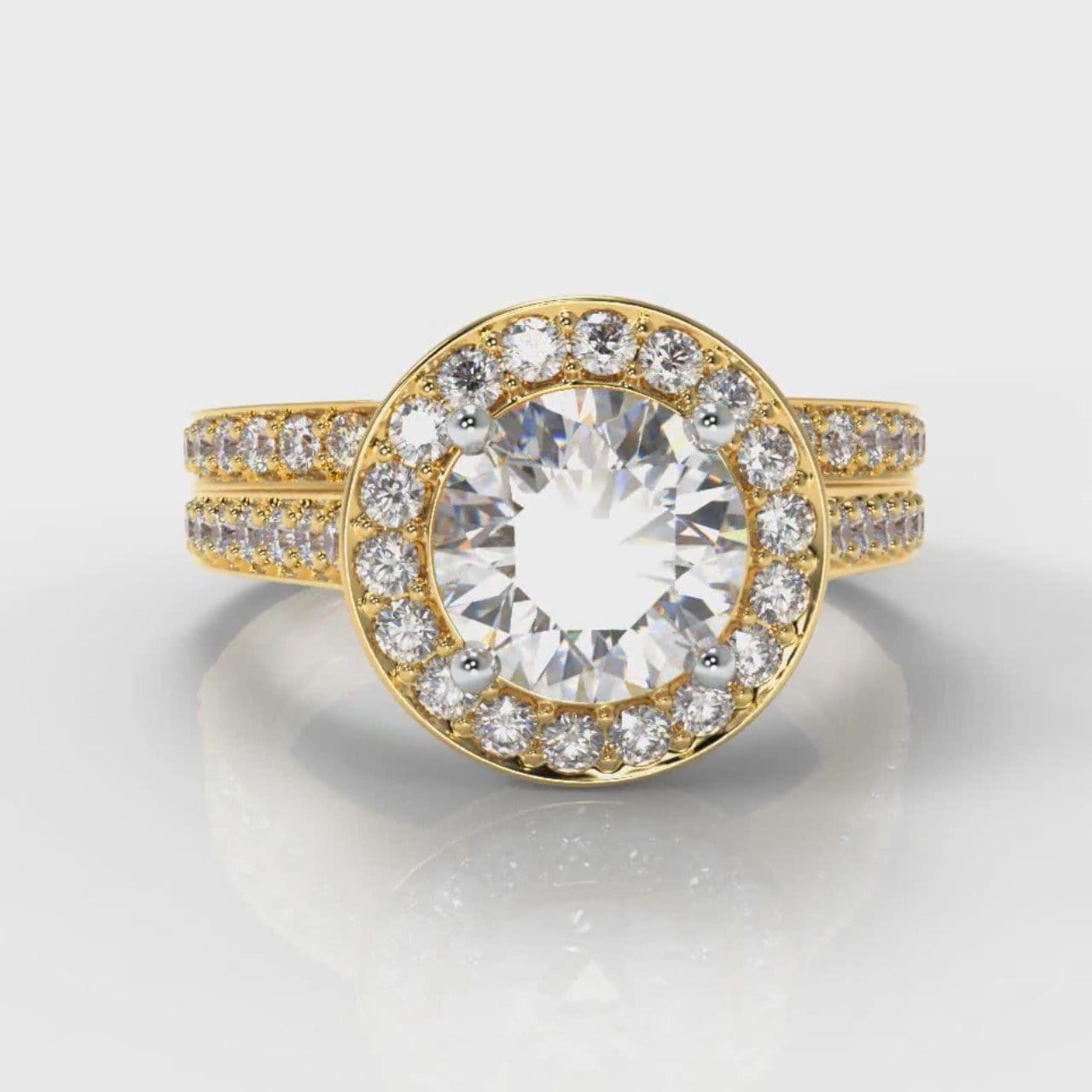 Pavé Round Brilliant Diamond Halo Bridal Set - Yellow Gold