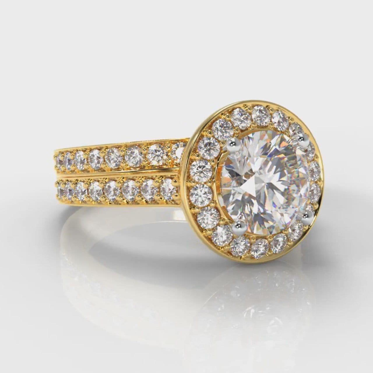 Pavé Round Brilliant Diamond Halo Bridal Set - Yellow Gold