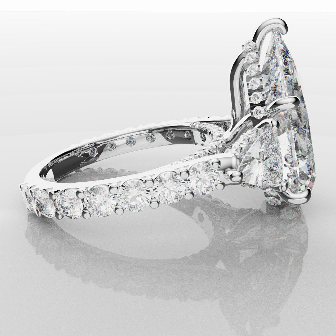 Pear and Trilliant Diamond Trilogy Engagement Ring - With Hidden Halo Detailing