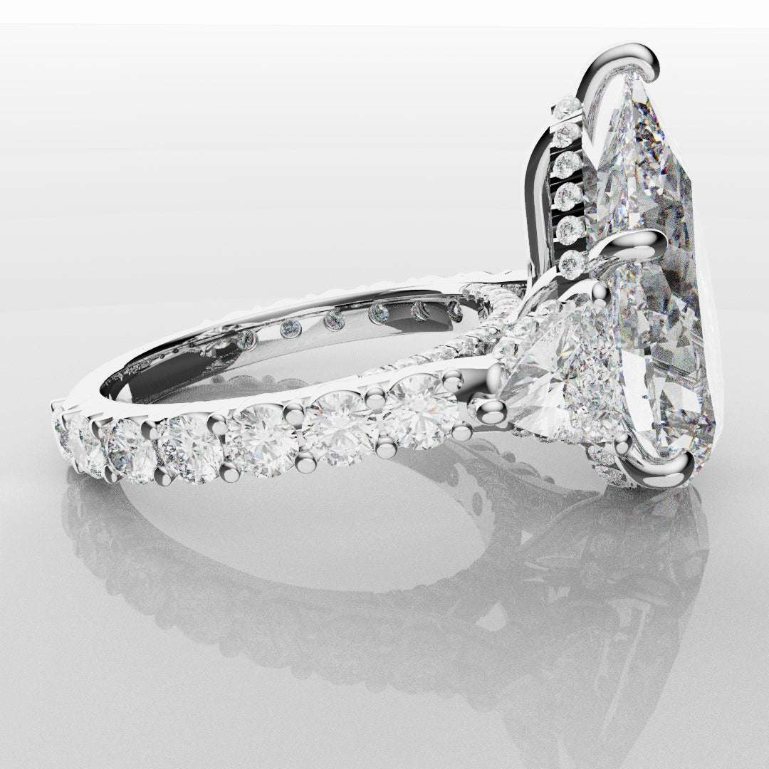 Pear and Trilliant Diamond Trilogy Engagement Ring - With Hidden Halo Detailing