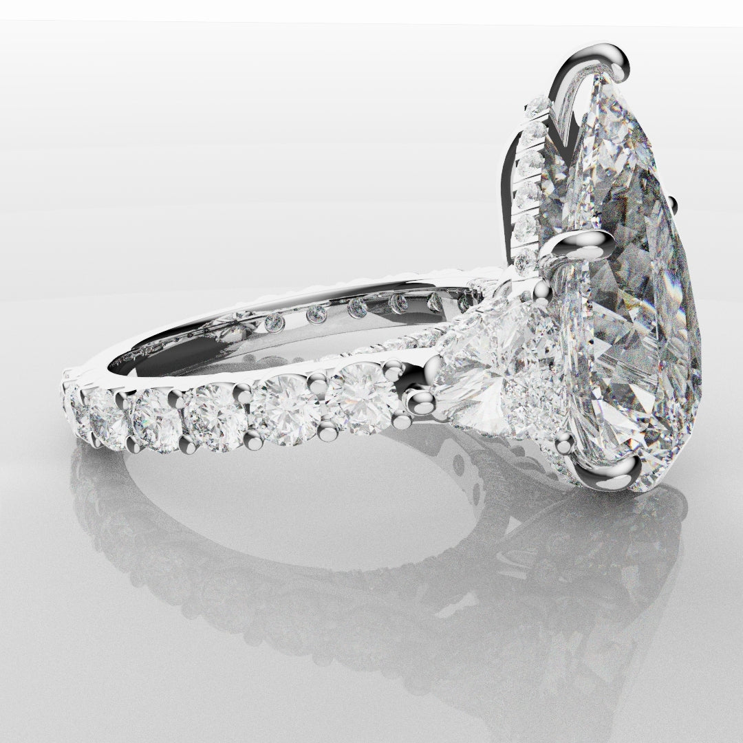 Pear and Trilliant Diamond Trilogy Engagement Ring - With Hidden Halo Detailing