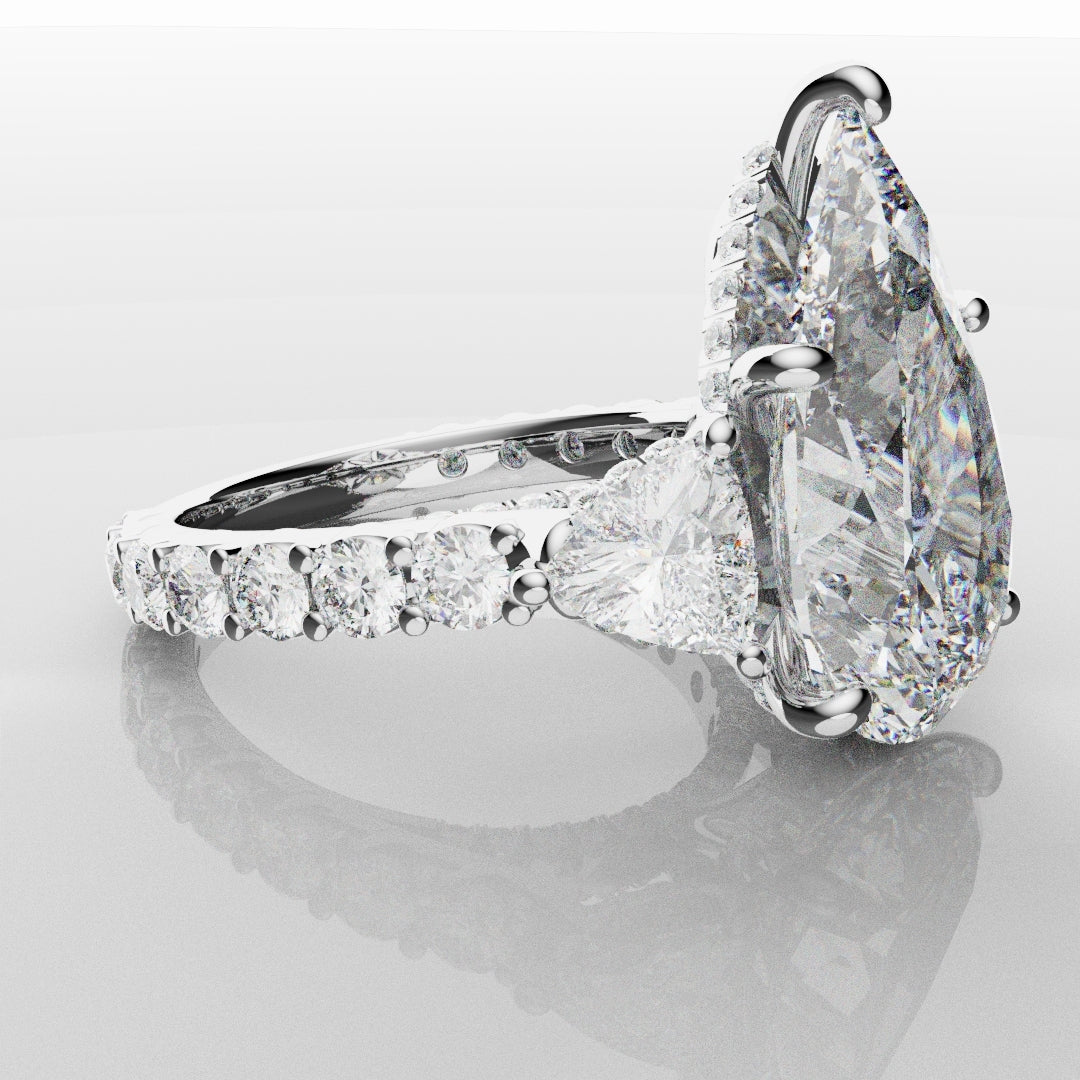 Pear and Trilliant Diamond Trilogy Engagement Ring - With Hidden Halo Detailing