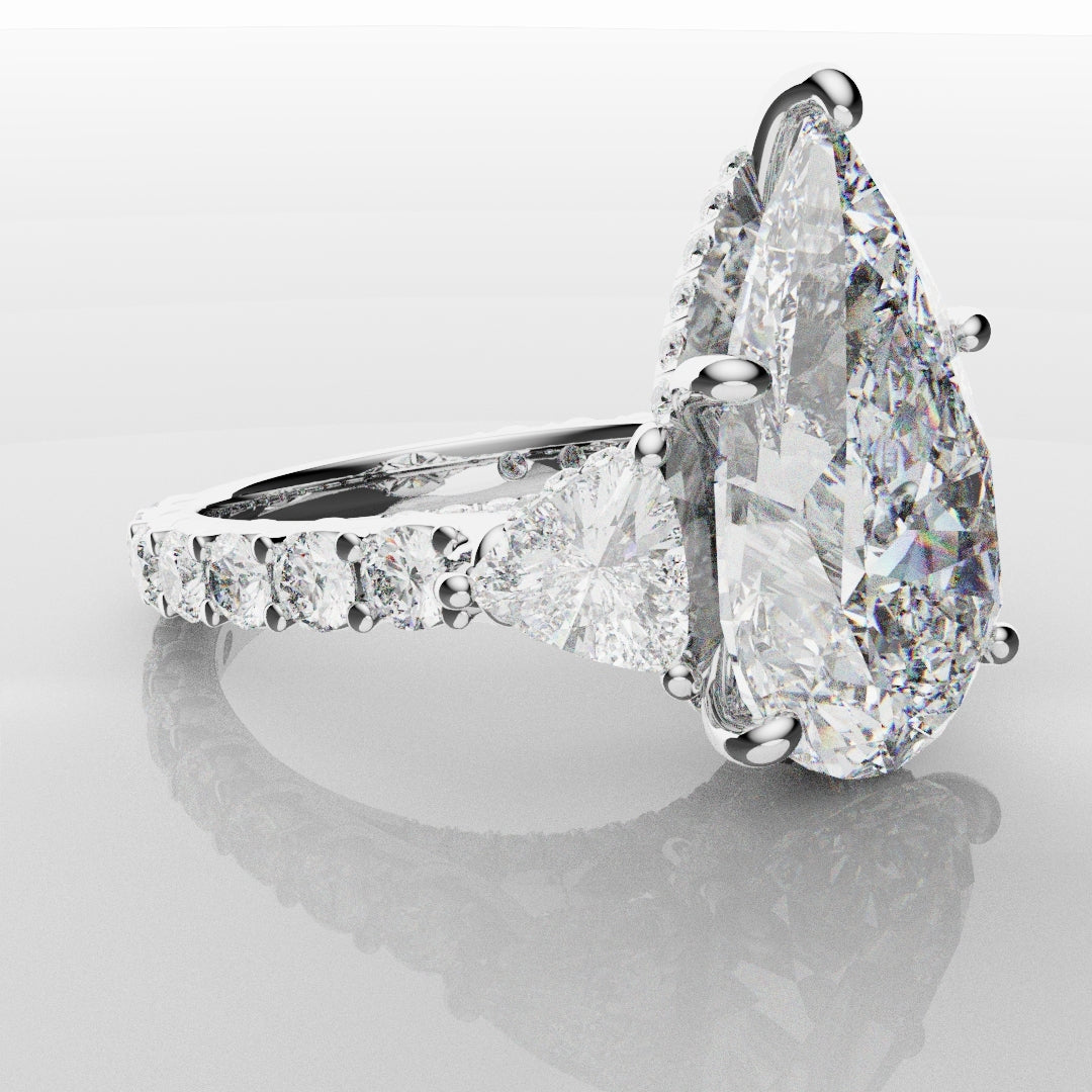 Pear and Trilliant Diamond Trilogy Engagement Ring - With Hidden Halo Detailing