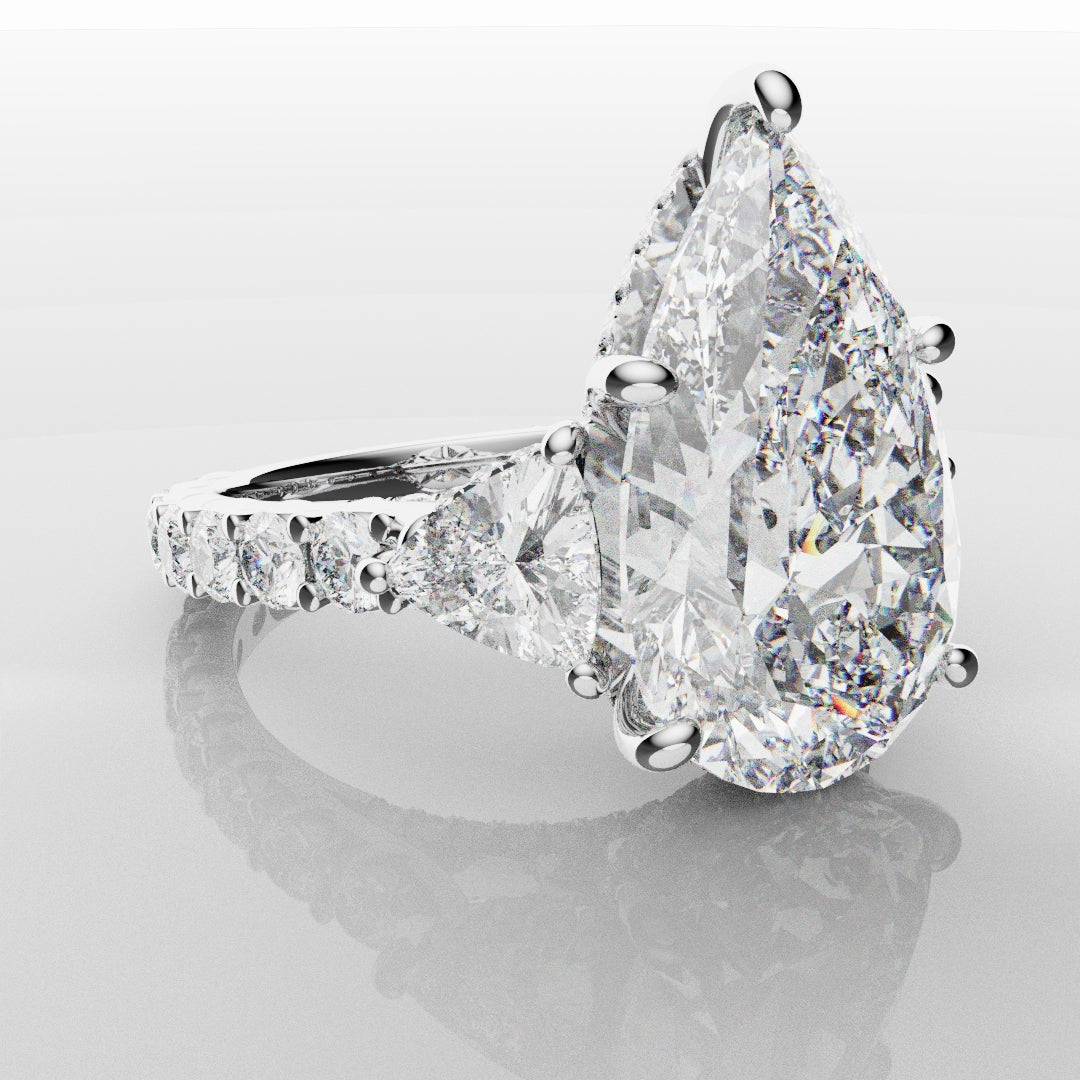 Pear and Trilliant Diamond Trilogy Engagement Ring - With Hidden Halo Detailing