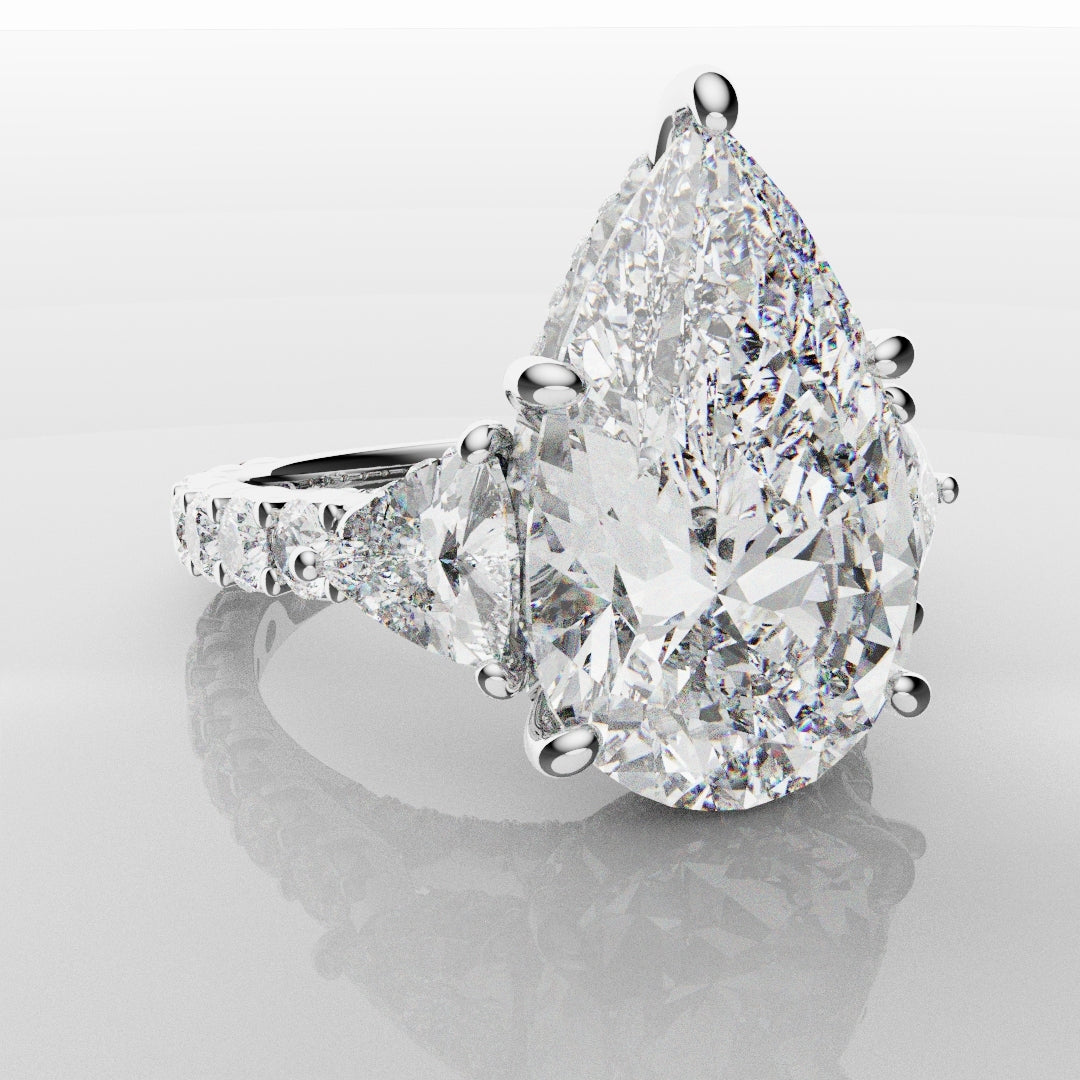 Pear and Trilliant Diamond Trilogy Engagement Ring - With Hidden Halo Detailing
