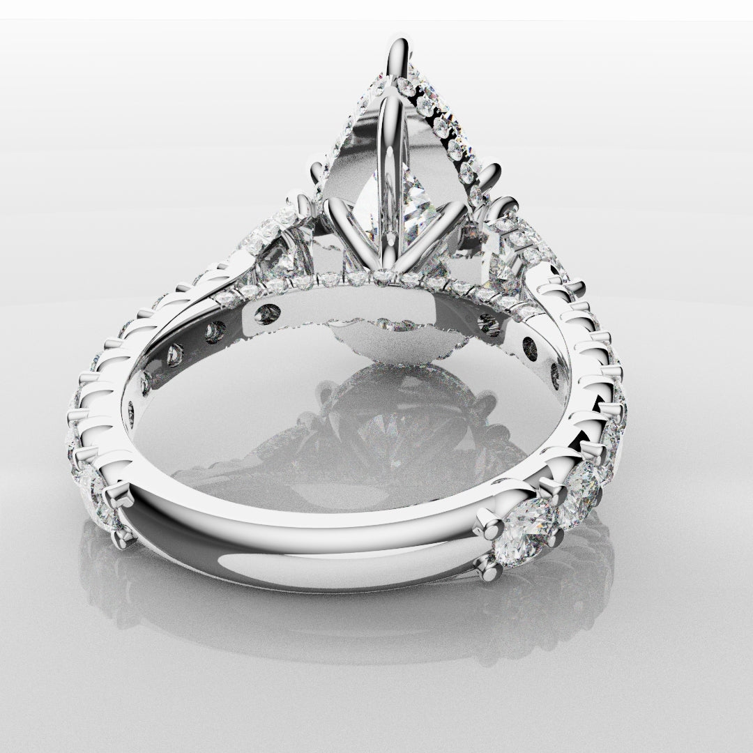 Pear and Trilliant Diamond Trilogy Engagement Ring - With Hidden Halo Detailing