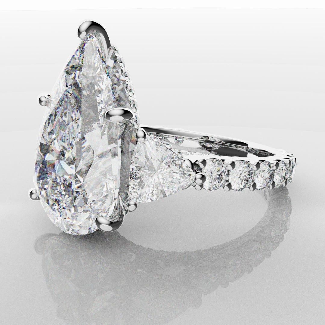 Pear and Trilliant Diamond Trilogy Engagement Ring - With Hidden Halo Detailing