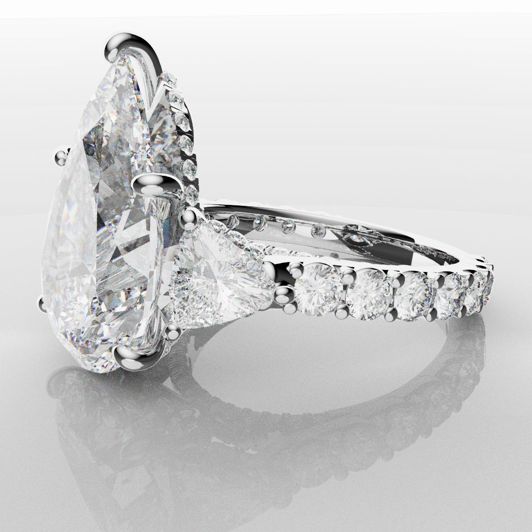 Pear and Trilliant Diamond Trilogy Engagement Ring - With Hidden Halo Detailing