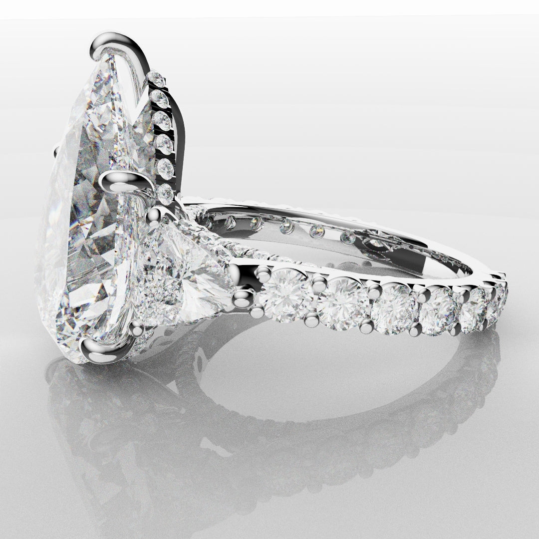 Pear and Trilliant Diamond Trilogy Engagement Ring - With Hidden Halo Detailing