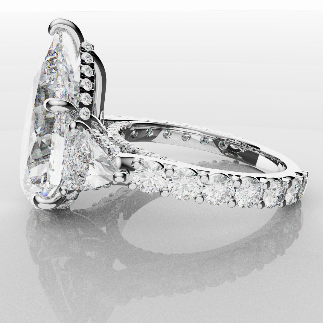 Pear and Trilliant Diamond Trilogy Engagement Ring - With Hidden Halo Detailing