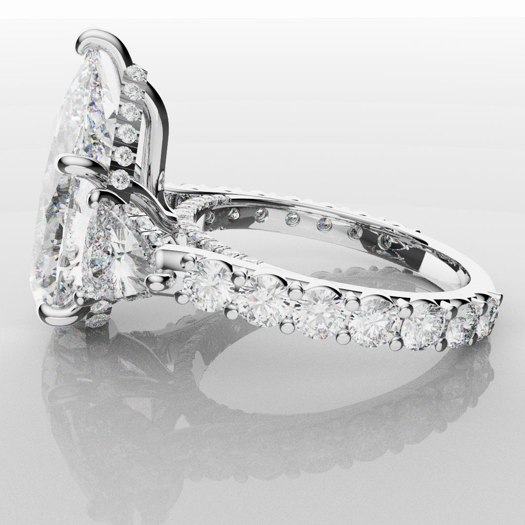 Pear and Trilliant Diamond Trilogy Engagement Ring - With Hidden Halo Detailing