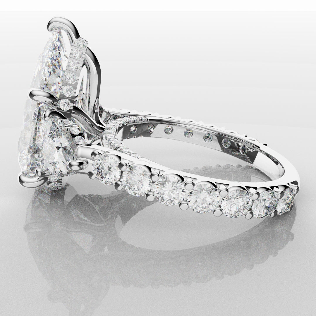 Pear and Trilliant Diamond Trilogy Engagement Ring - With Hidden Halo Detailing