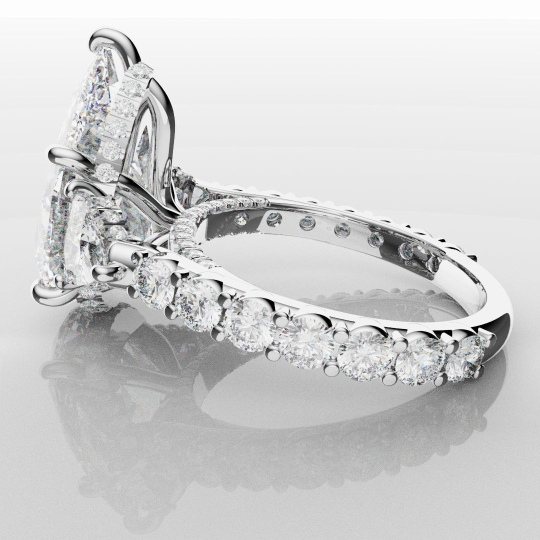 Pear and Trilliant Diamond Trilogy Engagement Ring - With Hidden Halo Detailing