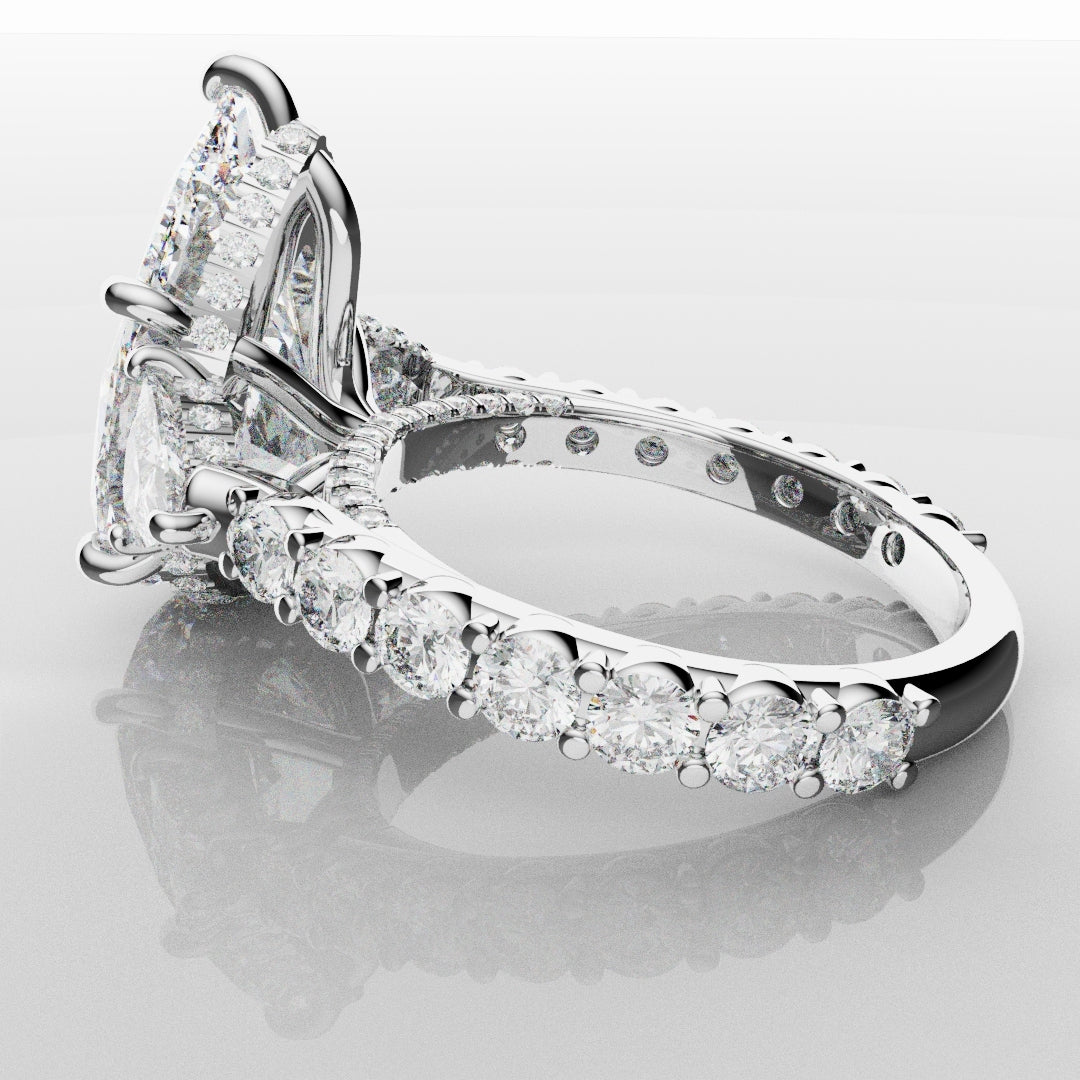 Pear and Trilliant Diamond Trilogy Engagement Ring - With Hidden Halo Detailing