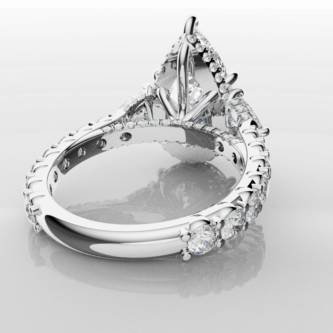 Pear and Trilliant Diamond Trilogy Engagement Ring - With Hidden Halo Detailing
