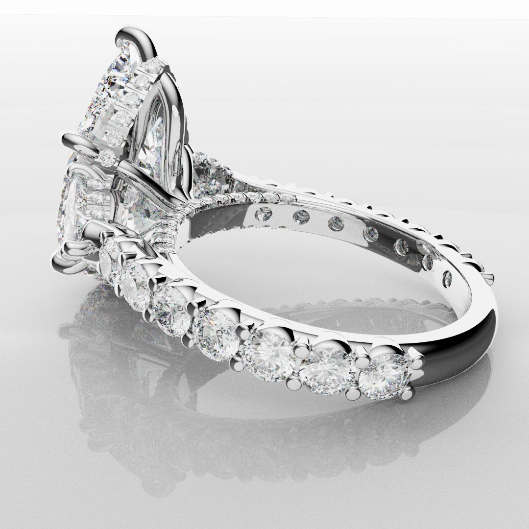 Pear and Trilliant Diamond Trilogy Engagement Ring - With Hidden Halo Detailing
