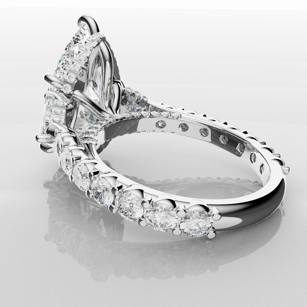 Pear and Trilliant Diamond Trilogy Engagement Ring - With Hidden Halo Detailing