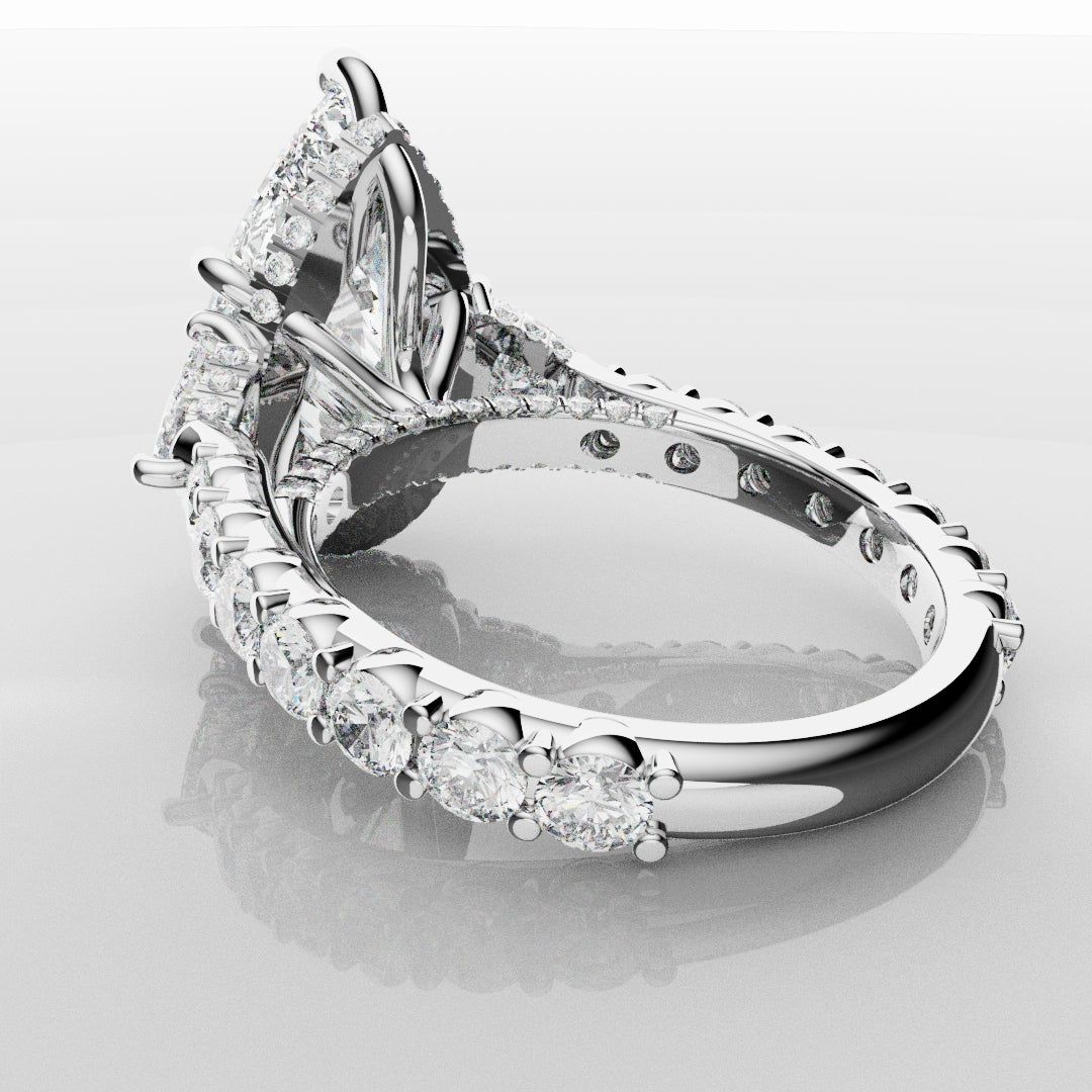 Pear and Trilliant Diamond Trilogy Engagement Ring - With Hidden Halo Detailing
