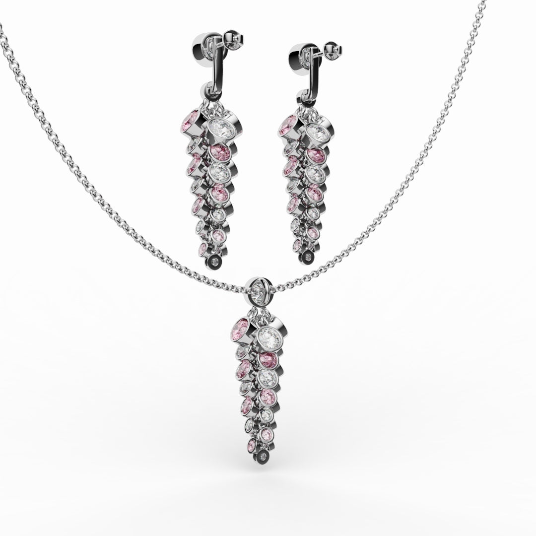 Bespoke White & Pink Diamond Acorn Pendant & Earrings