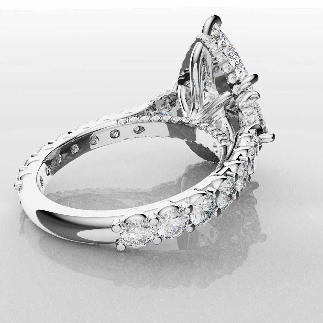Pear and Trilliant Diamond Trilogy Engagement Ring - With Hidden Halo Detailing