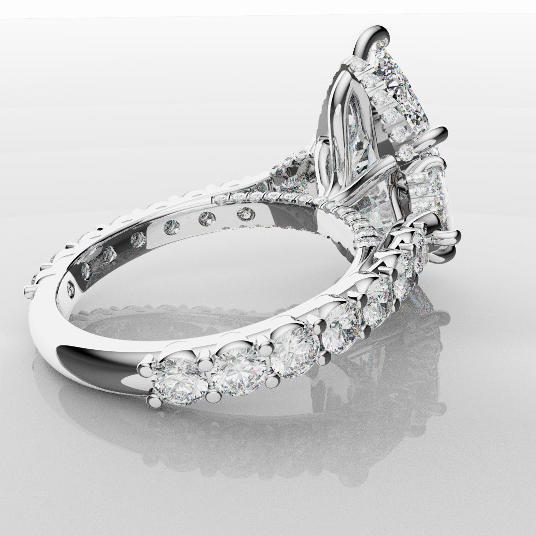 Pear and Trilliant Diamond Trilogy Engagement Ring - With Hidden Halo Detailing