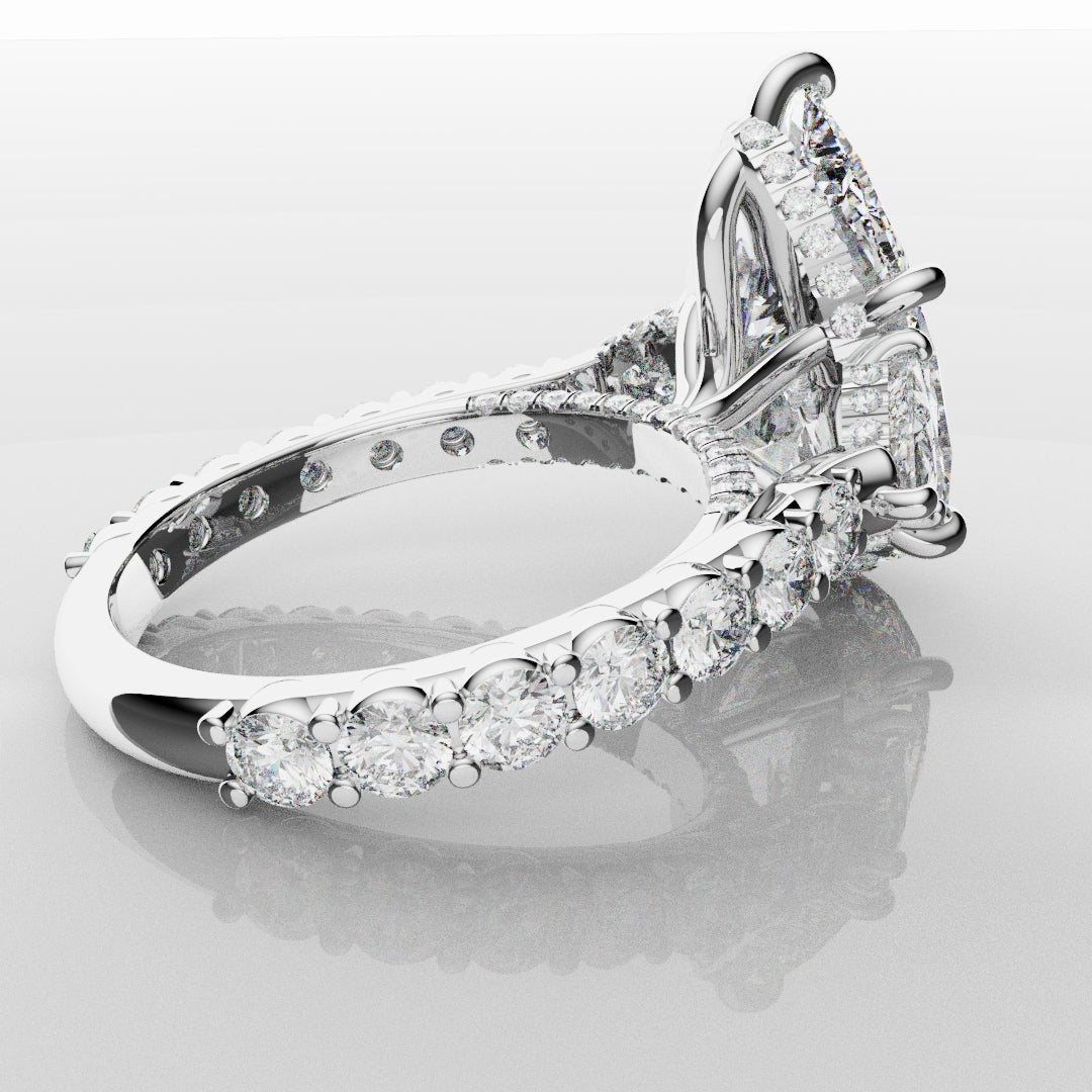 Pear and Trilliant Diamond Trilogy Engagement Ring - With Hidden Halo Detailing