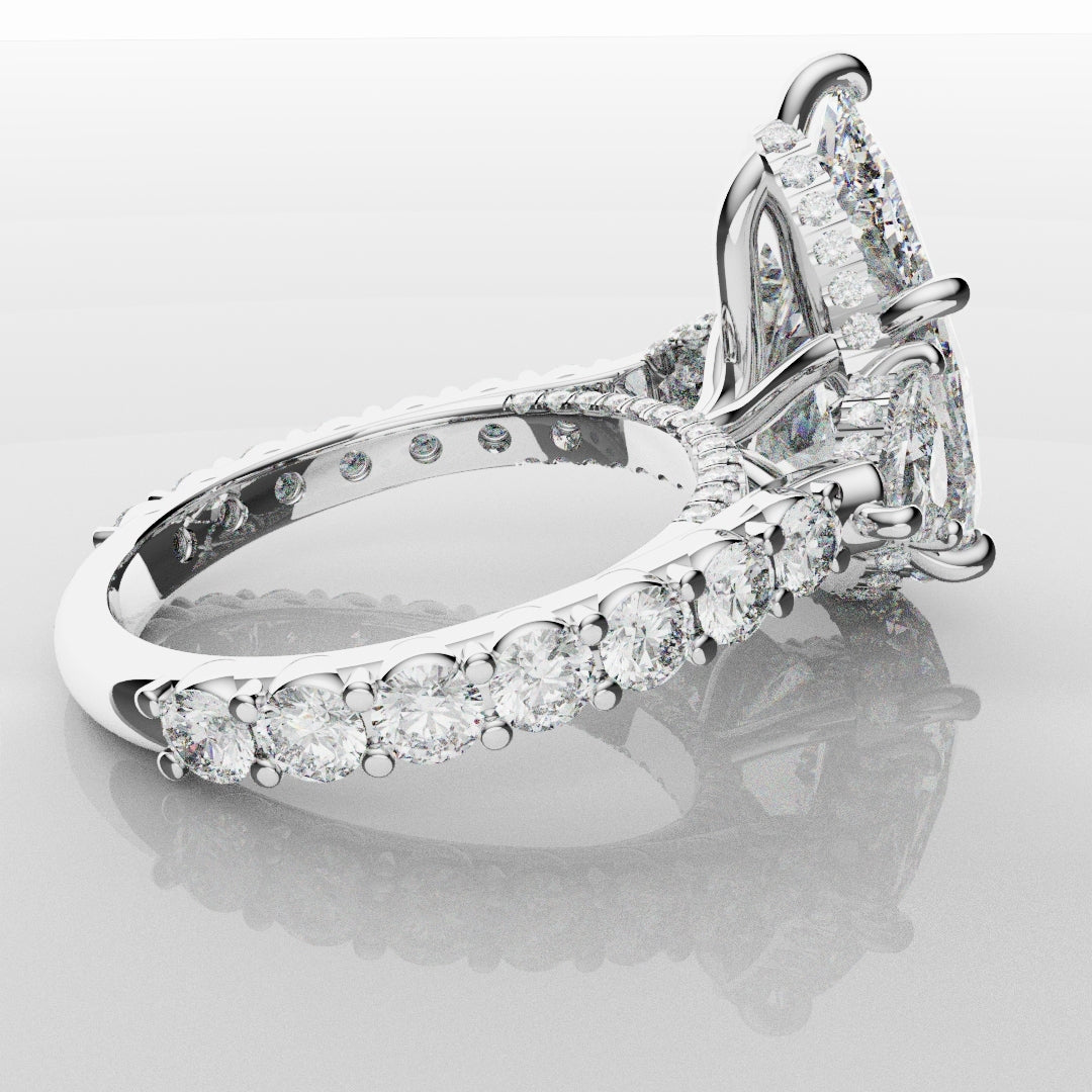 Pear and Trilliant Diamond Trilogy Engagement Ring - With Hidden Halo Detailing
