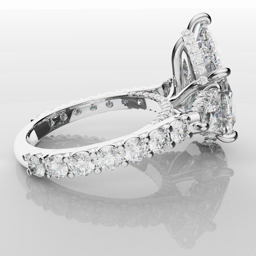 Pear and Trilliant Diamond Trilogy Engagement Ring - With Hidden Halo Detailing