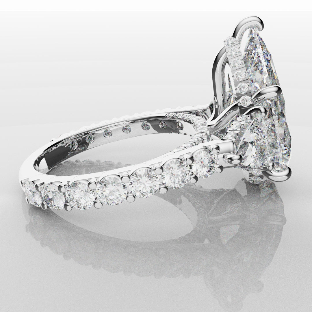 Pear and Trilliant Diamond Trilogy Engagement Ring - With Hidden Halo Detailing
