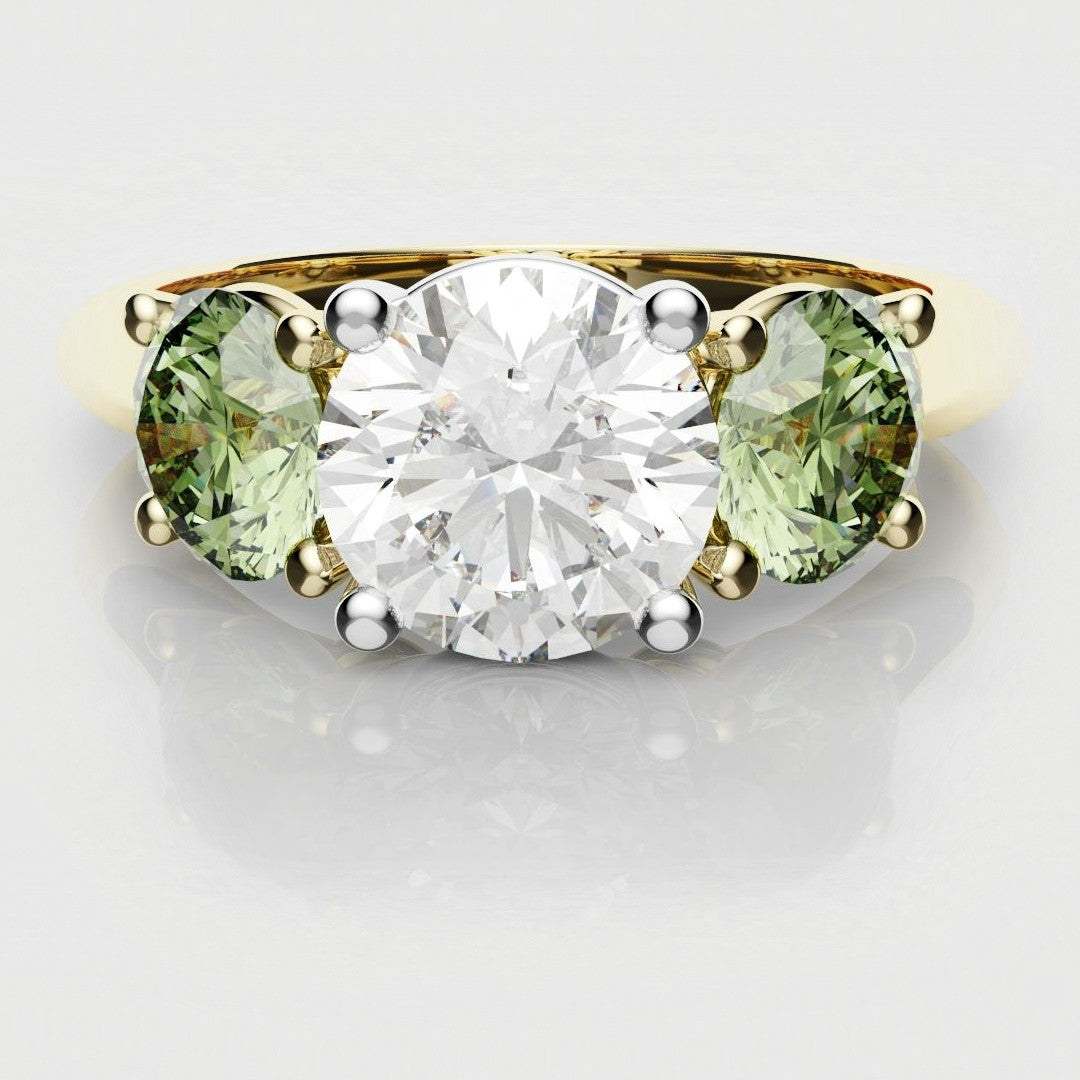 Three Stone Engagement Ring With Green Shoulder Diamonds