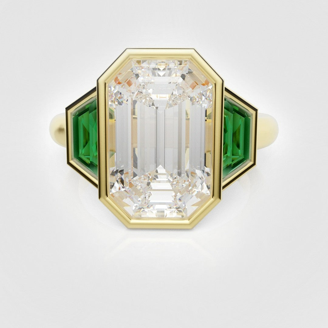 Emerald Cut Trilogy Engagement Ring With Green Emerald Trapezoids