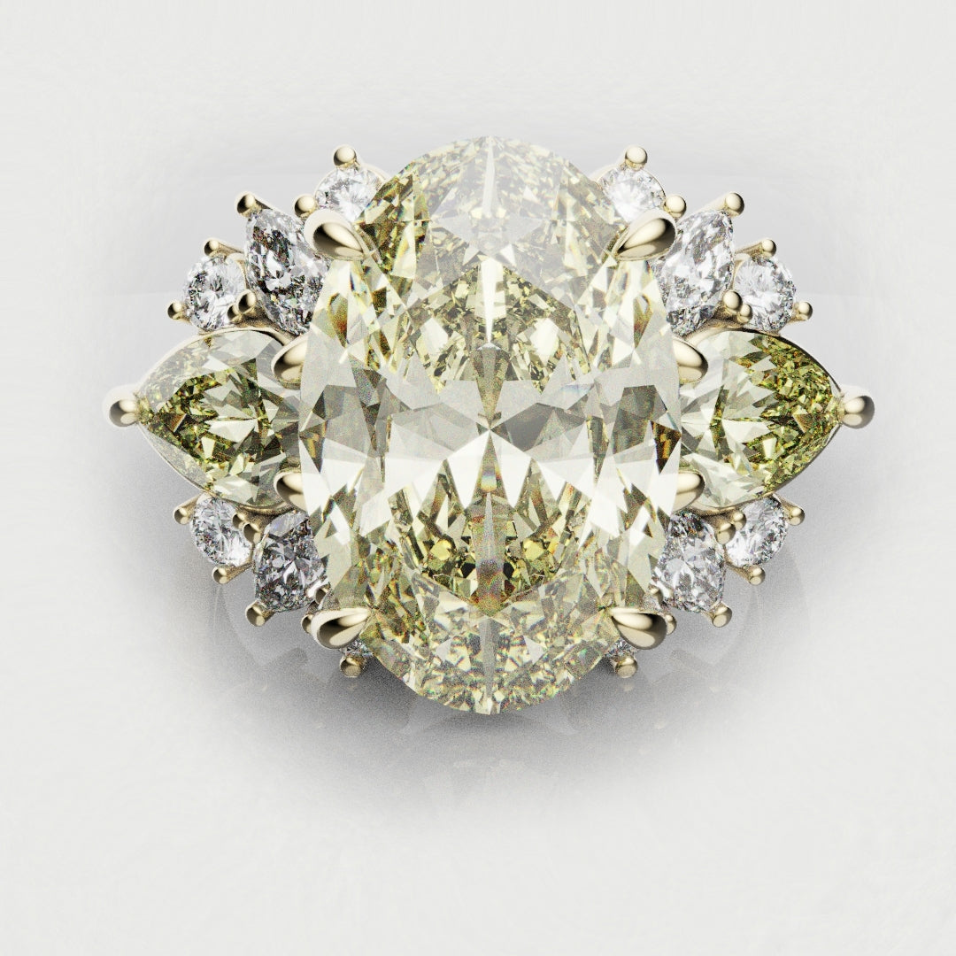 6ct fancy yellow oval diamond engagement ring in 18ct yellow gold with pear shaped yellow accent diamonds