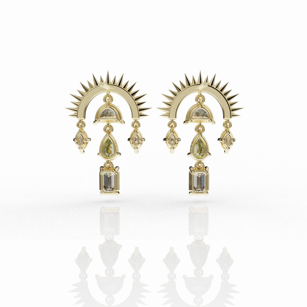 Bespoke high jewellery earrings showcasing natural fancy yellow diamonds in a dramatic sunburst design.