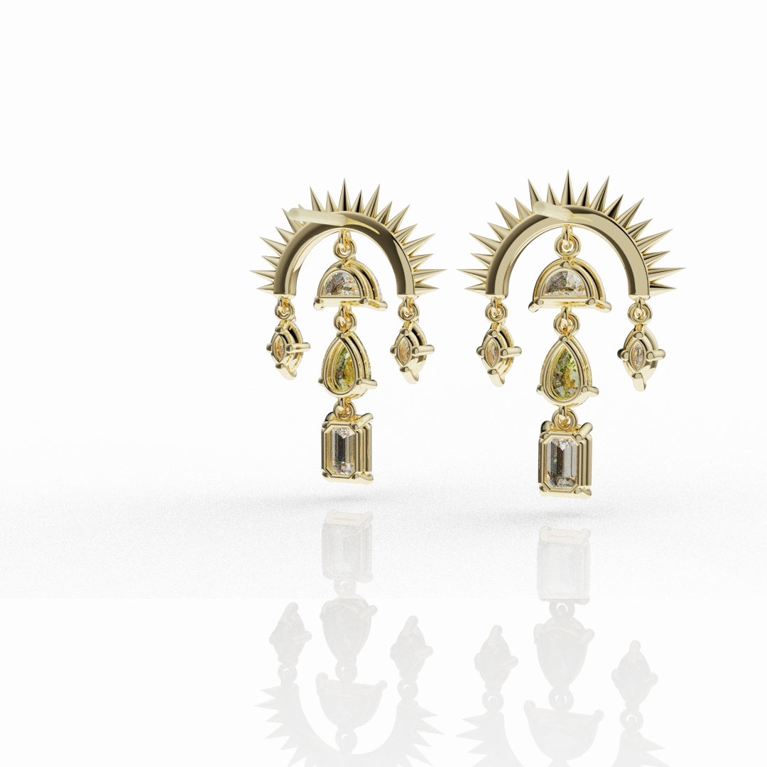 Fine jewellery yellow diamond earrings with spiked sunburst halo and multi-shape diamonds.